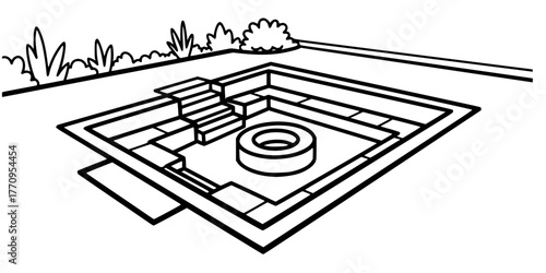 Sunken Outdoor Seating Area Minimalist Line Art Vector