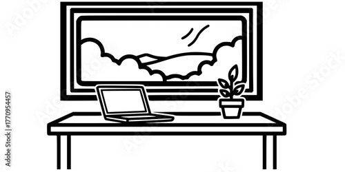 Home Office Desk with Window Simple Line Art Vector
