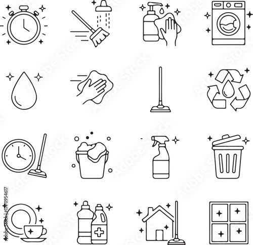 House cleaning icon set. Containing washing, broom, soap, maid, laundry, home cleaning, sponge, vacuum cleaner, mop and more.

