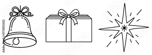Christmas icon set – gift sleighs, bells and ringing bell outline – minimalist holiday vector collection