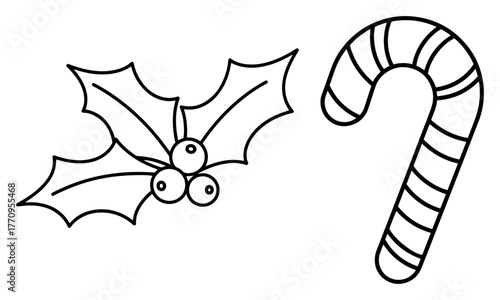 Holly sprig and candy cane vector – simple Christmas line icons