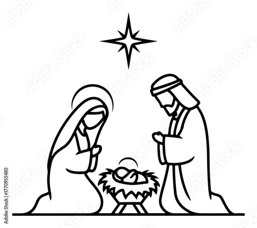 Nativity Holy Family with star – simple Christmas religious outline illustration