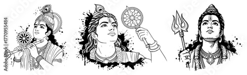 Hindu deities ink portraits – Vishnu Krishna Shiva heads artistic set