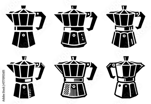 Moka pot icons set – classic stovetop espresso makers vector