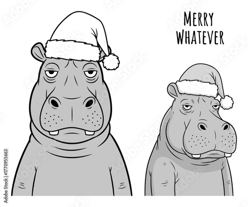 Unimpressed hippos wearing Santa hats and ‘Merry Whatever’ text – humorous Christmas set