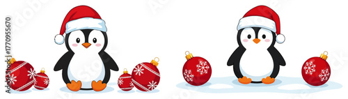 Cute penguin twins with Christmas baubles – festive winter cartoon illustration
