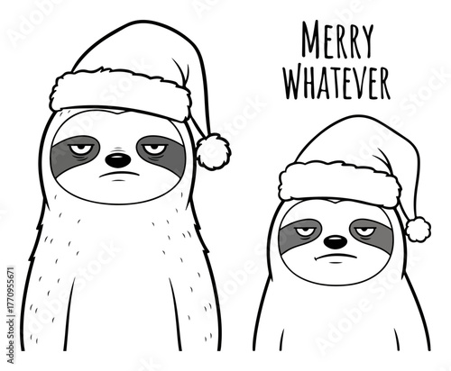 Grumpy sloths in Santa hats with ‘Merry Whatever’ text – funny Christmas illustration set