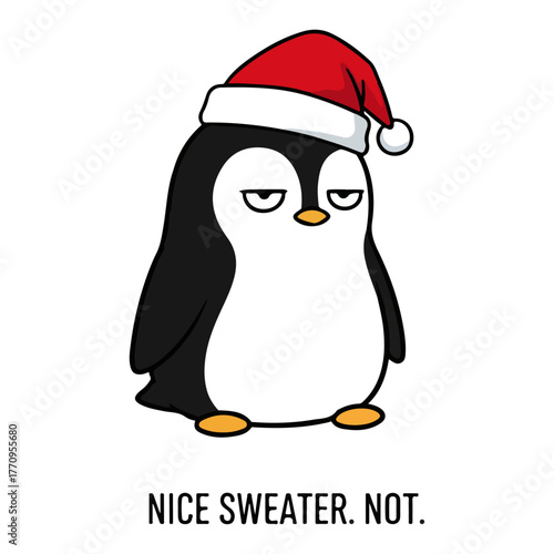 Quadro em tela Sarcastic penguin in Santa hat saying ‘Nice sweater, not