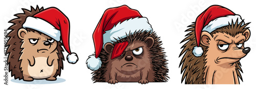 Grumpy hedgehog faces set in Santa hats – funny Christmas animal icons