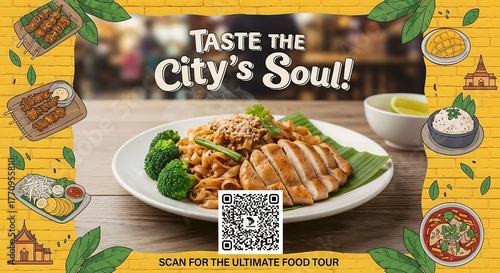 Food advertisement featuring colorful meal and QR code.