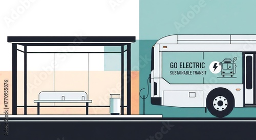 Minimal illustration of electric bus at city stop.