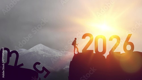 Silhouette of a person stepping from the year 2025 to 2026 at sunrise over mountains. Symbol of new beginnings, success, goals, future achievements, and hope for the new year.