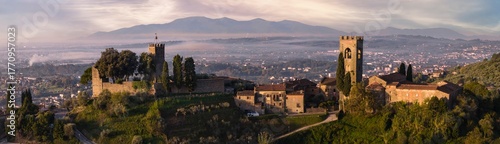 Italy, Idyllic  traditional towns of romantic Tuscany. Picturesque borgo Buggiano hill top medieval village near Pienza. Panoramic drone  view in morning light