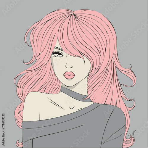 pink‑haired portrait with eye‑covering wave, gray off‑shoulder top, and choker; portfolio piece for character designers and digital illustrators