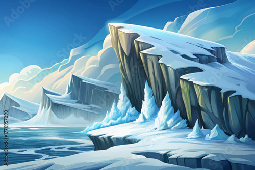 Dramatic snow covered cliff above frozen sea with mist and crashing winter waves.