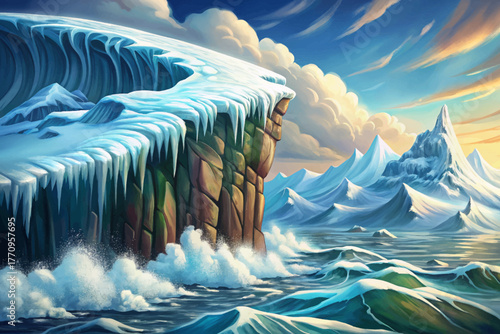 Dramatic snow covered cliff above frozen sea with mist and crashing winter waves.