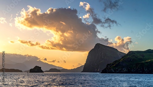 Dramatic Coastal Landscape at Sunset with Islands and Golden Clouds over the Ocean