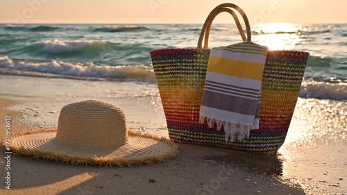Beach scene with straw hat colorful tote bag and towel by ocean on sandy shore during sunny day