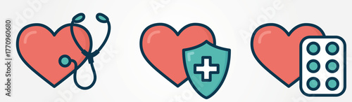 Cardiac health icons. Heart disease treatment symbols. Isolated vector color images. Hand drawn original illustrations.