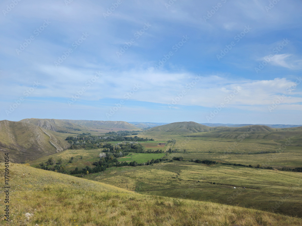 Fototapeta premium nature of Russia. Vast valley landscape viewed from elevated vantage point. freedom, boundless horizons, and nature's majestic untouched beauty from above.