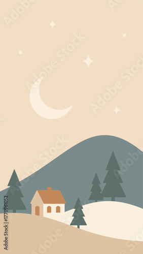 Nordic minimal Christmas landscape. House under the hill, moon and stars illustration in warm colors. Hand drawn original vector image.