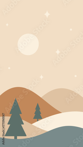 Nordic minimal Christmas landscape. Fir trees on winter hills, moon and stars illustration in warm colors. Hand drawn original vector image.