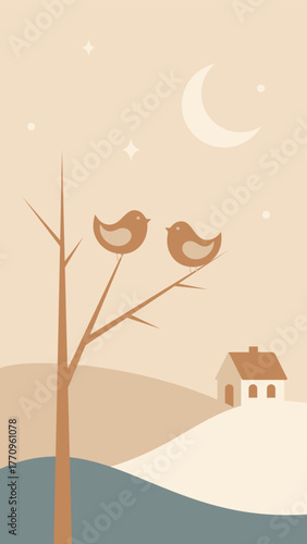 Nordic minimal Christmas landscape. Two birds on a tree, house, moon and stars illustration in warm colors. Hand drawn original vector image.