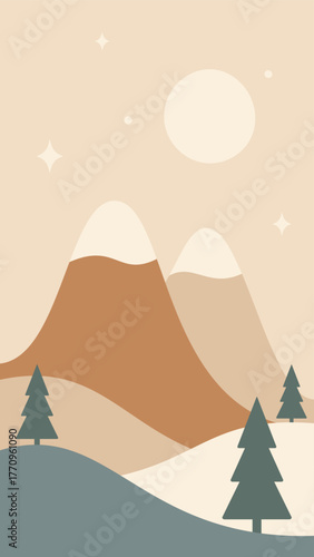 Nordic minimal Christmas landscape. Snow-capped mountains, moon and stars illustration in warm colors. Hand drawn original vector image.
