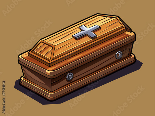 realistic wooden coffin with metal handles and cross engraving, shadow, isolated on plain background, Halloween death symbol vector