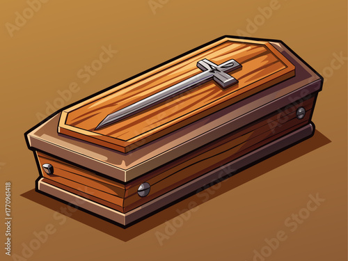 realistic wooden coffin with metal handles and cross engraving, shadow, isolated on plain background, Halloween death symbol vector