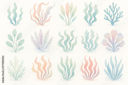 Pastel seaweed illustrations in soft watercolor style arranged in grid