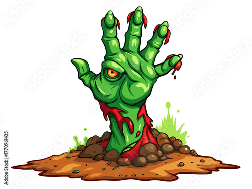 green zombie hand rising from ground, dirt texture, blood stains, detailed vector, realistic shadow, isolated on background