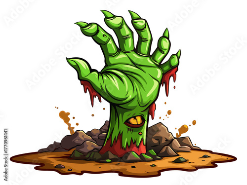 green zombie hand rising from ground, dirt texture, blood stains, detailed vector, realistic shadow, isolated on background
