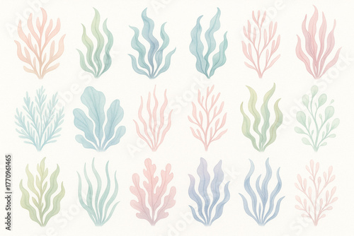 Pastel seaweed illustrations in soft watercolor style arranged in grid