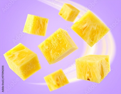 Floating Pineapple Cubes with Motion Effect on Purple Background
