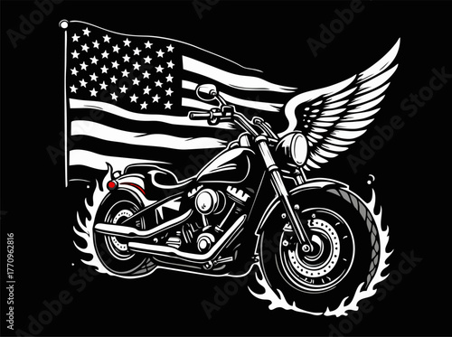 Vector design with drawing
biker fire motorcycle with national usa flag, wing 
isolated on black background. Fashion american t-shirt print for fabric, paper, men clothing, hoodie, biker jacket.