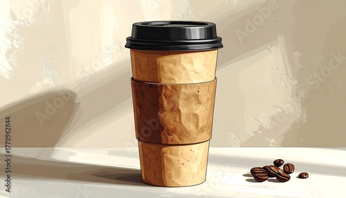 Coffee Cup and Beans Illustration on White Surface