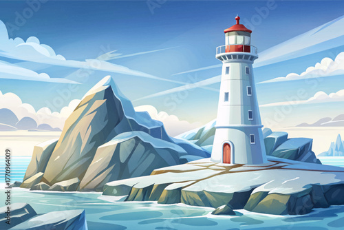 White lighthouse standing tall on icy cliffs overlooking frozen winter ocean