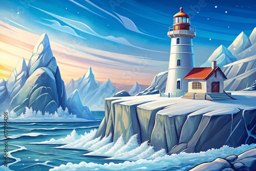 White lighthouse standing tall on icy cliffs overlooking frozen winter ocean
