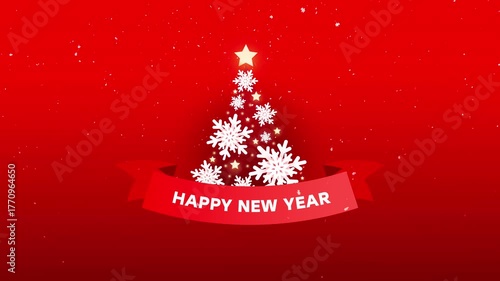Elegant red festive background with white snowflake Christmas tree and Happy New Year text ribbon. Perfect for winter holidays, celebrations, greetings, and festive design projects.