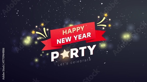 Festive animation with red ribbon text Happy New Year Party surrounded by fireworks and glowing lights on dark background. Perfect for holiday invitations, celebration intros, event promotions, and