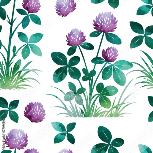 Watercolor clover Seamless background. Beautiful flower. Hand drawn. Not AI, vector illustration
