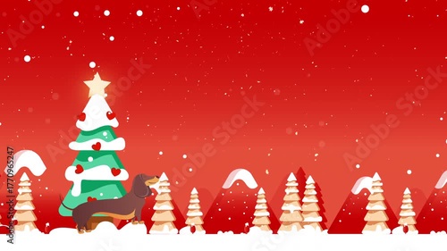 Festive winter landscape with decorated Christmas tree, reindeer, and snow falling on red background. Cute cartoon holiday animation, perfect for Merry Christmas and New Year greetings, celebration