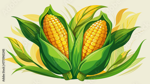 Very beautiful composition of two golden corn cobs with vibrant green leaves, fresh and natural, highlighting texture, color contrast, and rustic farm-to-table appeal on a simple background.