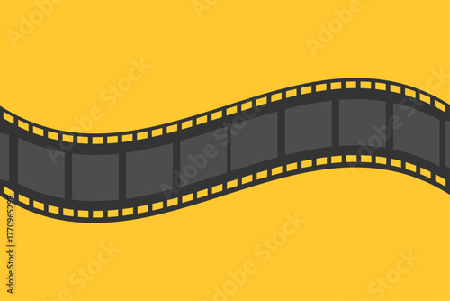 Curved film strip on yellow background symbolizing cinema, movie production, photography, and creative storytelling concept