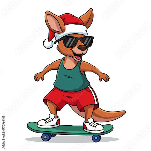Kangaroo Skateboarding in Santa Hat and Sunglasses – Fun Australian Christmas Cartoon