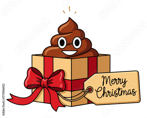 Funny Christmas Poop Emoji Popping Out of Gift Box with Tag – Humorous Holiday Vector