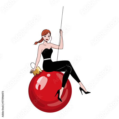 Elegant Woman Riding Giant Red Bauble like Wrecking Ball – Glam Christmas Concept