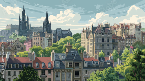 vector style illustration, Cityscape of edinburgh, city of Scotland, attractive touristic advertisement poster, beautiful touristic must-see destination. Beautiful tourist destination.