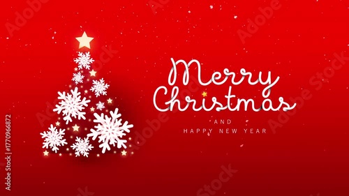 Elegant red Christmas background with white snowflake tree and text Merry Christmas and Happy New Year. Festive minimalist greeting card, holiday animation, winter celebration concept.